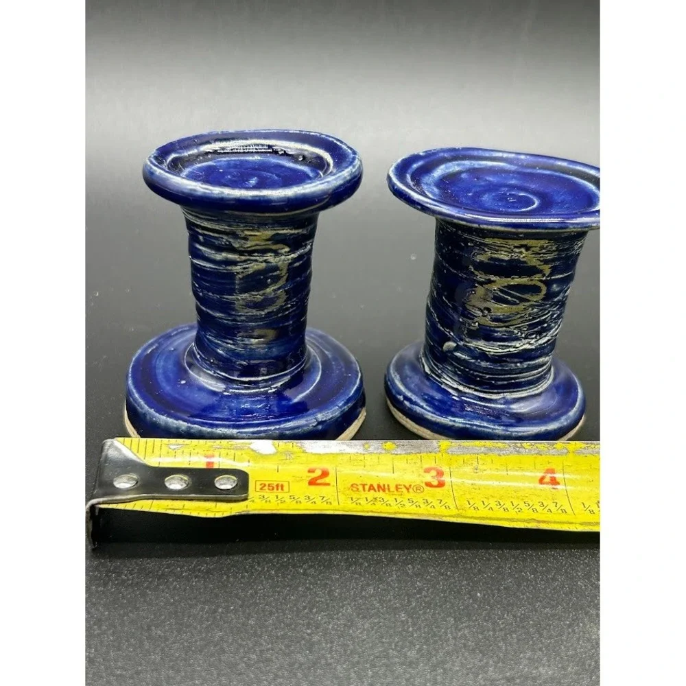 Pair of Cobalt Blue Ceramic Candlesticks Rustic Textured‎ Signed KaH